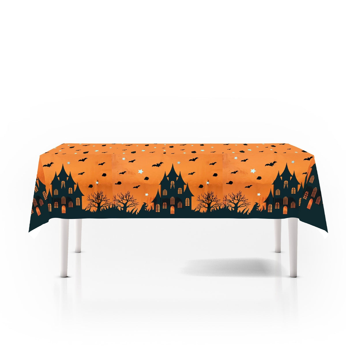 Fata de Masa pentru Halloween, Imprimeu Casa Bantuita, Protectie Impermeabila, Folie Plastifiata PET, 137 x 183 cm, Portocaliu
