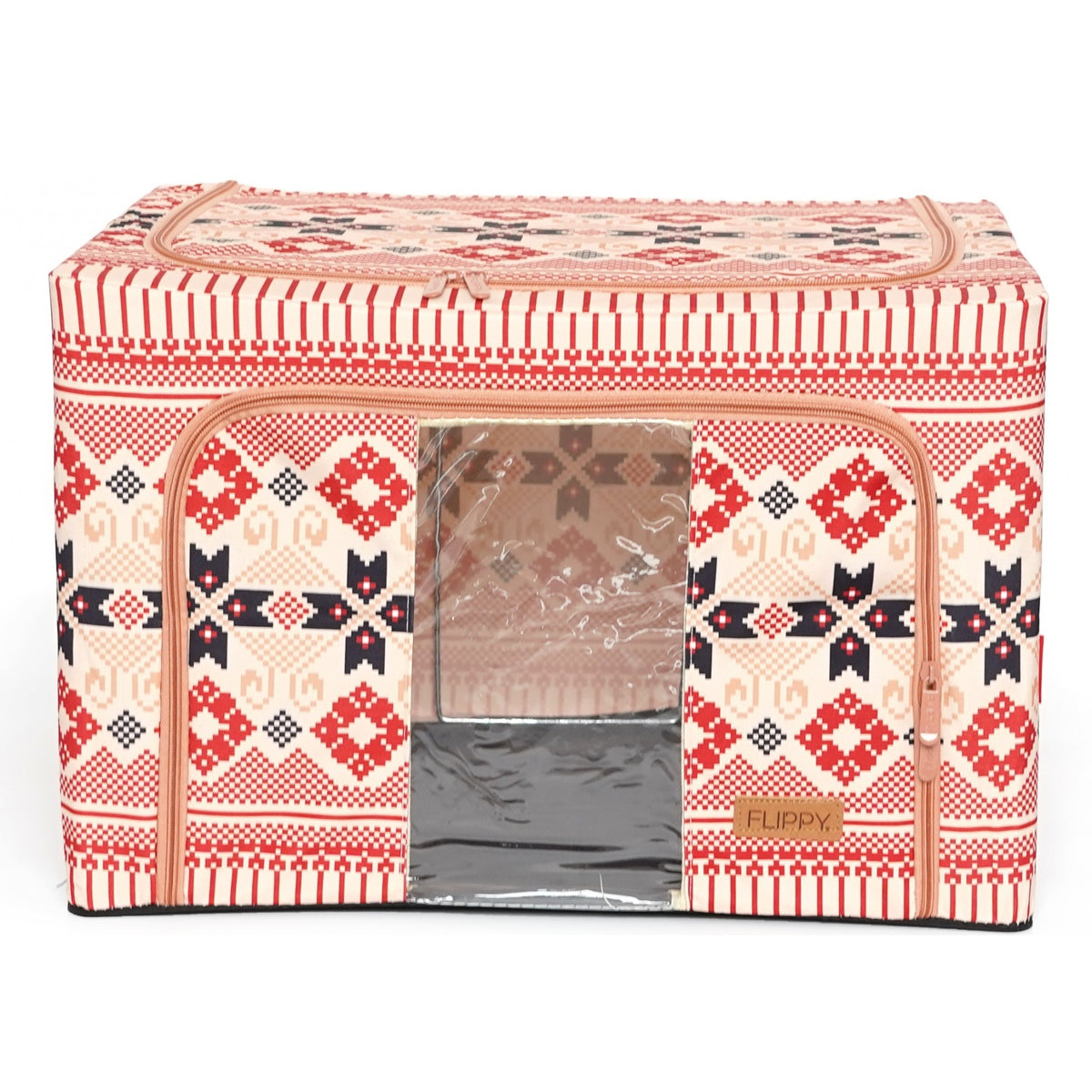 Cutie de Depozitare Pliabila, Organizator Haine si Lenjerie cu Cadru Metalic, Bumbac si In, 2 Usi cu Fermoar, Fereastra Transparenta, Motiv Traditional Model 5, 66 L, 52 x 42 x 39 cm