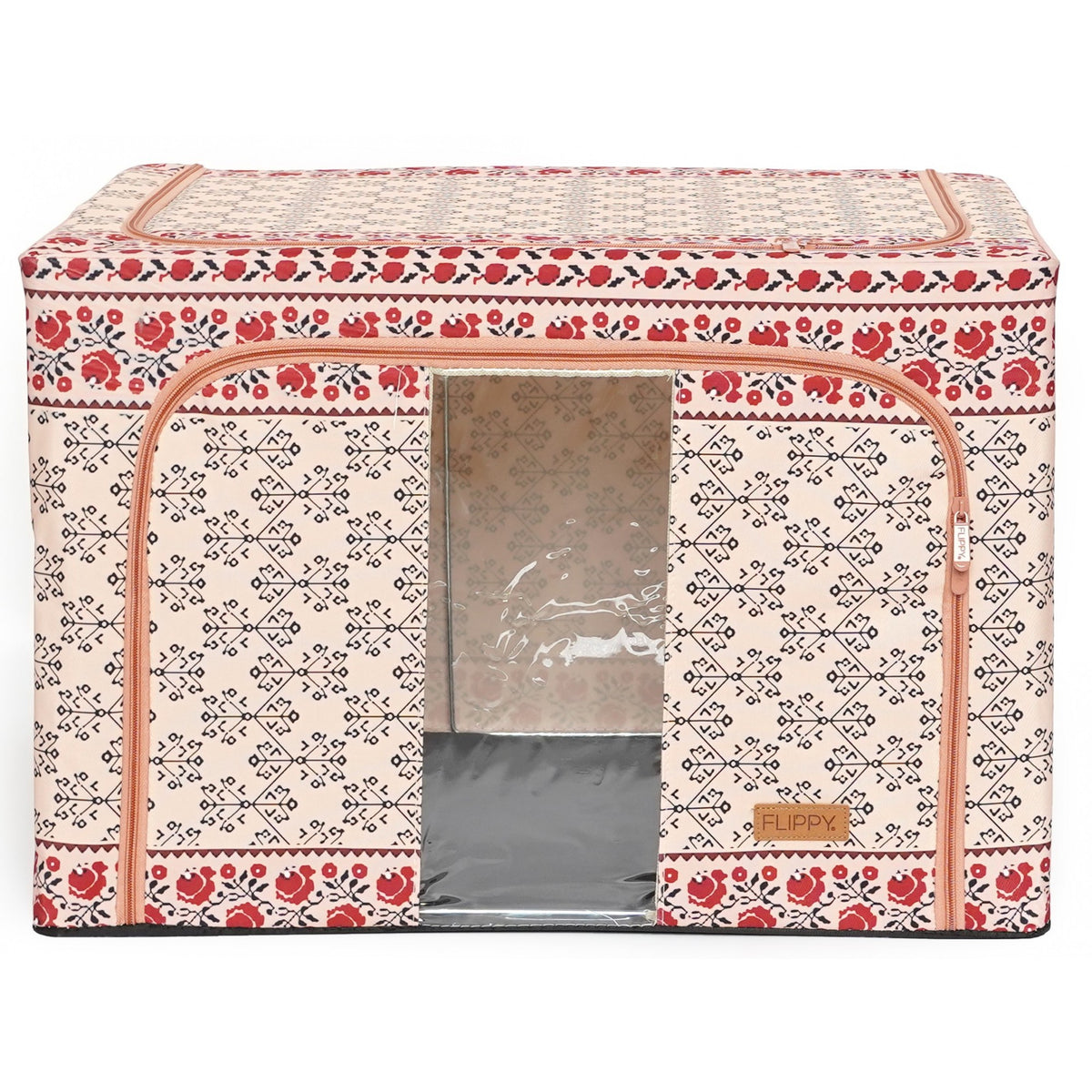 Cutie de Depozitare Pliabila pentru Haine si Lenjerie, Cadru Metalic si 2 Usi cu Fermoar, Bumbac si In, 66 L, 52 x 42 x 39 cm, Motiv Traditional Model 6