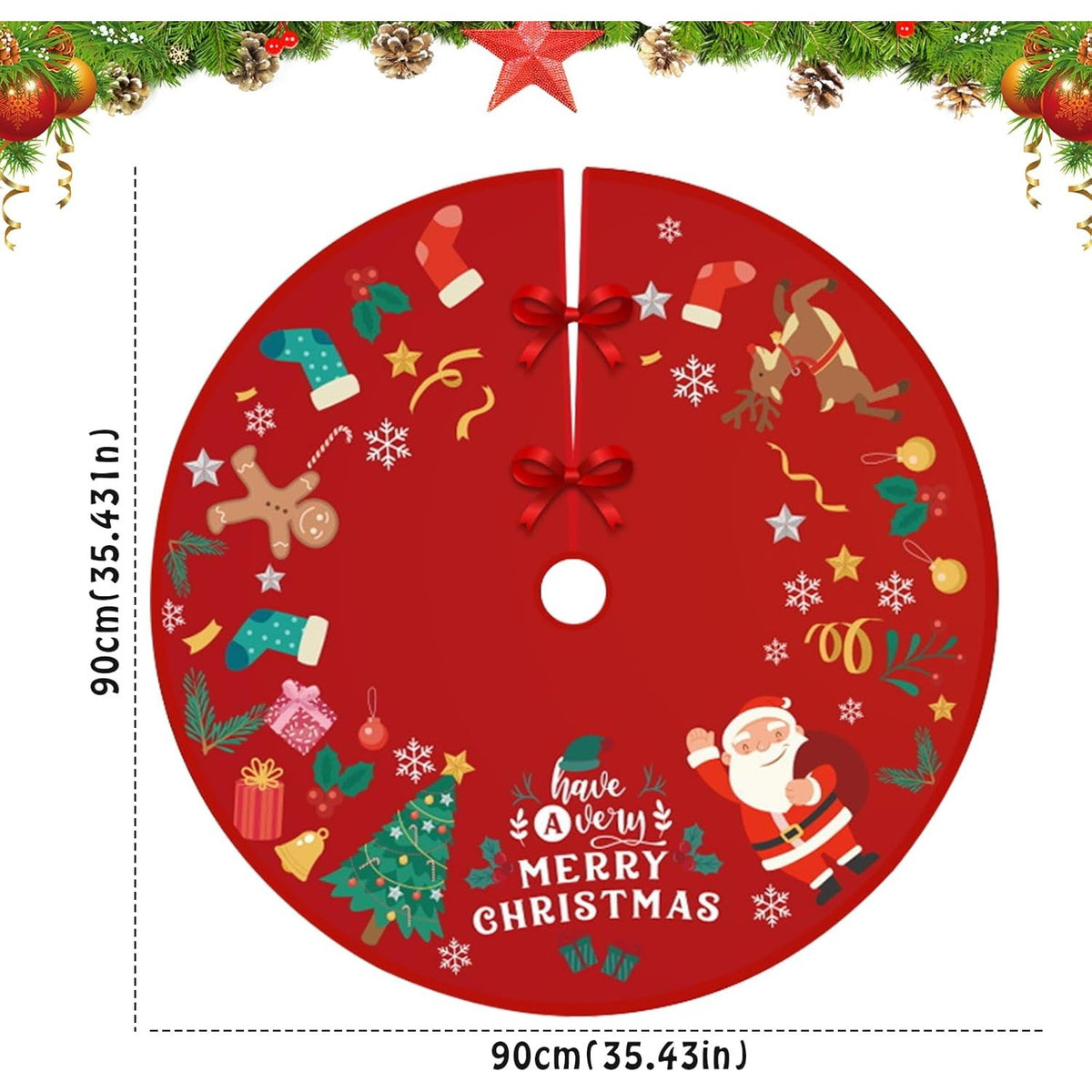 Covoras pentru Brad de Craciun, Model Mos Craciun cu Fundite de Prindere, Tesatura Pufoasa, Rosu, Diametru 90 cm