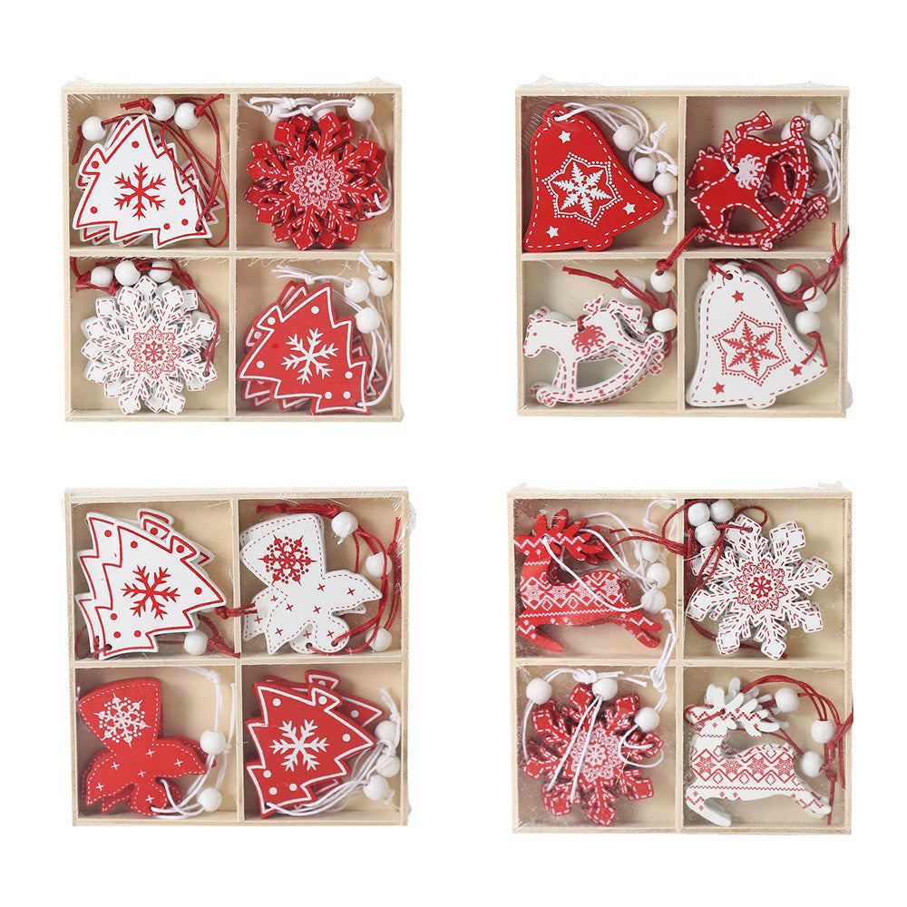 Set 12 Decoratiuni de Craciun din Lemn, Ornamente pentru Brad cu Snur de Agatare, Modele Ingerasi si Brazi, Stil Rustic, Alb si Rosu
