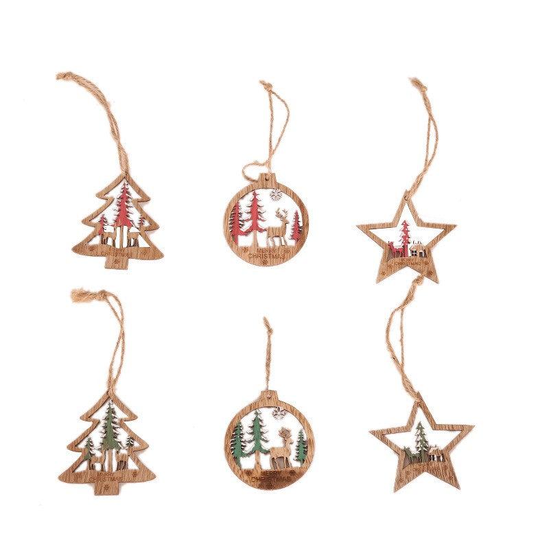 Set Decoratiuni de Craciun pentru Brad, Ornamente Rustice cu Snur de Agatare, Forme Brad, Glob si Steluta, Lemn, Set 6 Piese, Verde