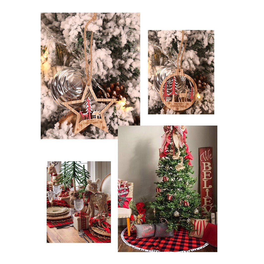 Set Decoratiuni de Craciun pentru Brad, Ornamente Rustice cu Snur de Agatare, Forme Brad, Glob si Steluta, Lemn, Set 6 Piese, Verde