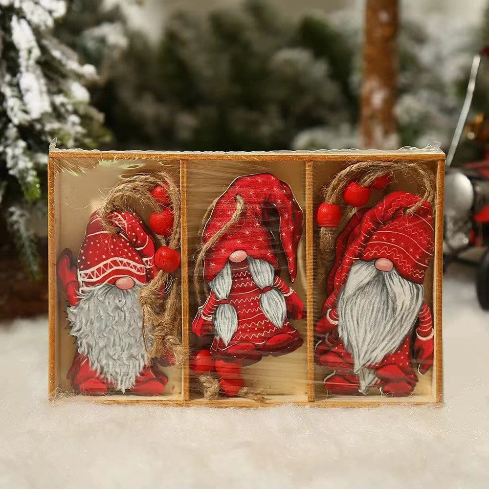 Set 9 Decoratiuni de Craciun pentru Brad, Ornamente din Lemn cu Snur de Agatare, Model Mos Craciun, 3 Designuri Diferite, Rosu/Alb
