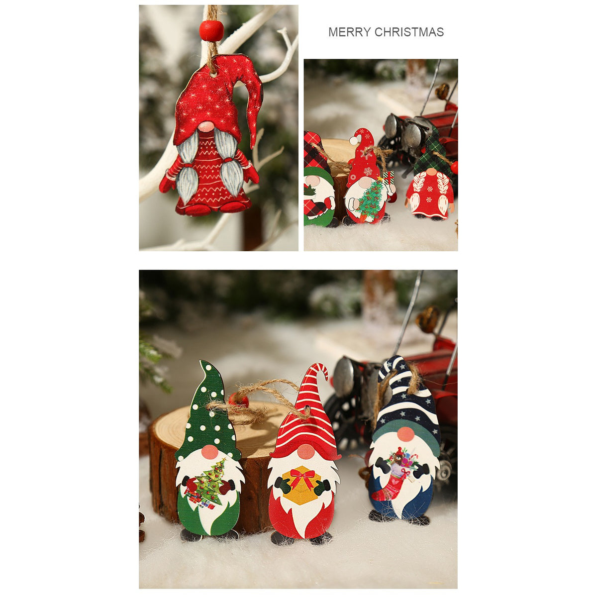Set 9 Decoratiuni de Craciun pentru Brad, Ornamente din Lemn cu Snur de Agatare, Model Mos Craciun, 3 Designuri Diferite, Rosu/Alb