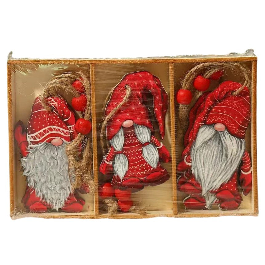 Set 9 Decoratiuni de Craciun pentru Brad, Ornamente din Lemn cu Snur de Agatare, Model Mos Craciun, 3 Designuri Diferite, Rosu/Alb