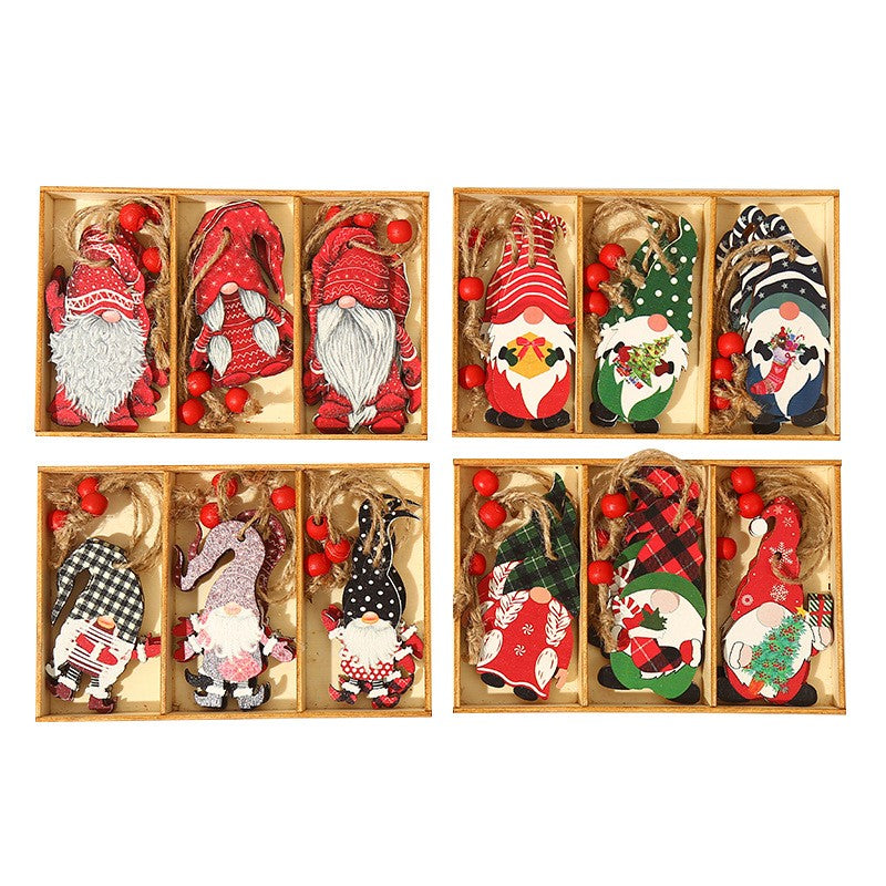 Set 9 Decoratiuni de Craciun pentru Brad, Ornamente din Lemn cu Snur de Agatare, Model Mos Craciun, 3 Designuri Diferite, Rosu/Alb