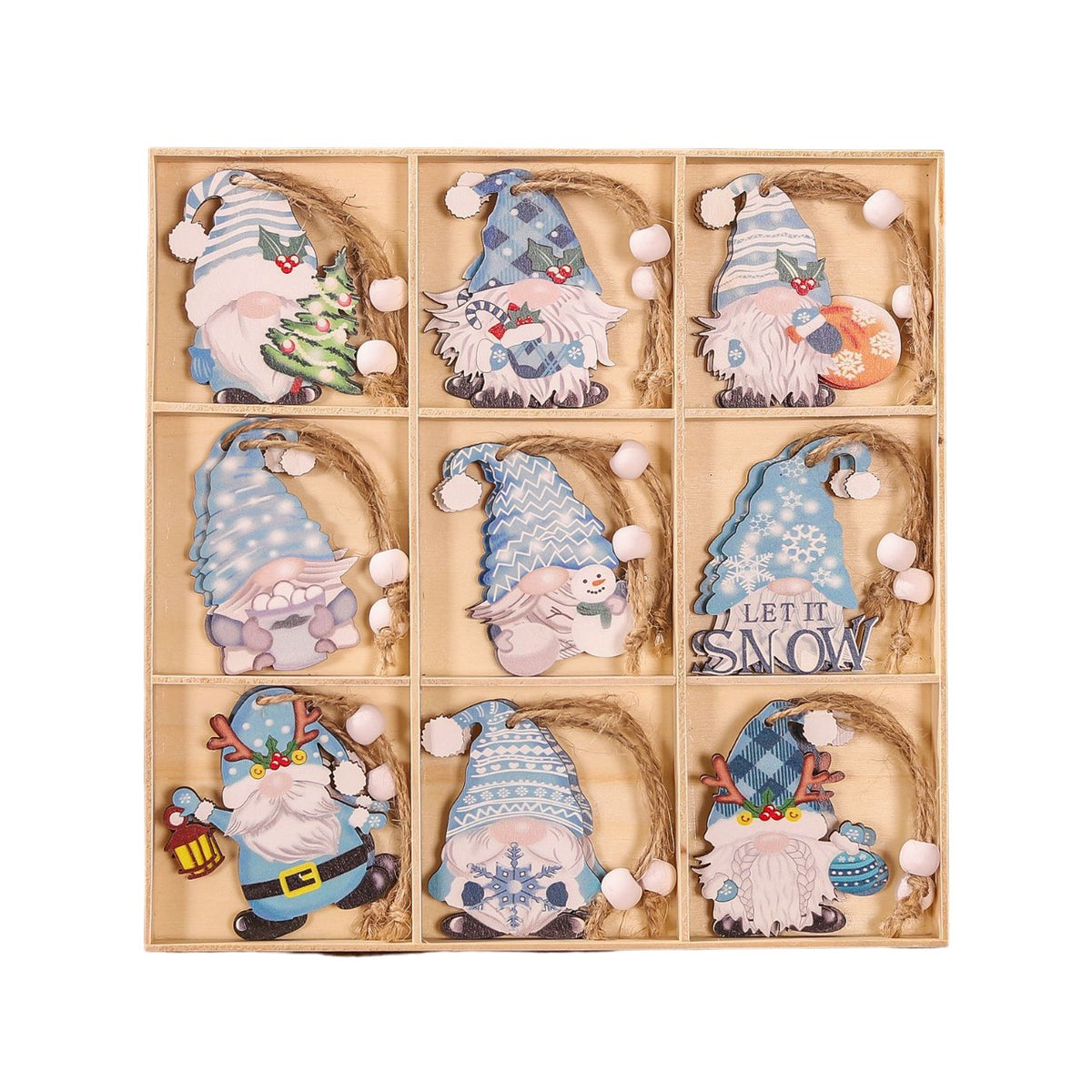 Set 18 Decoratiuni de Craciun din Lemn, Ornamente pentru Brad cu Snur, Model Gnomi Traditionali, Albastru