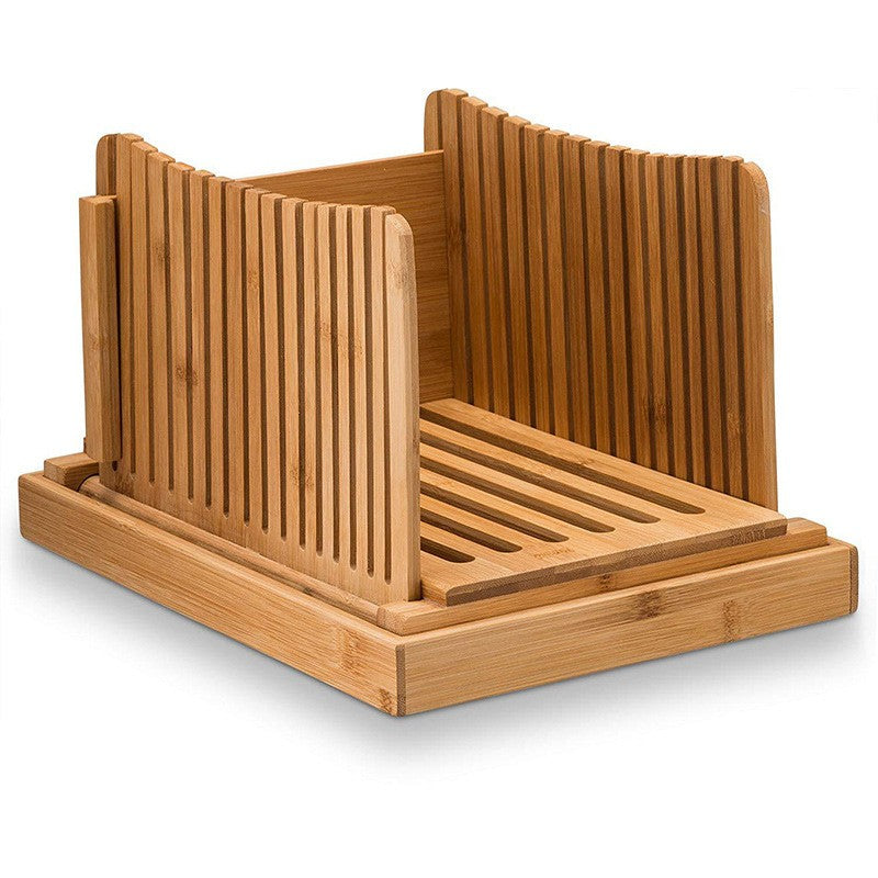 Tocator de Feliat Paine, Suport cu Tava Colectare Firimituri, Lemn de Bambus Natural, 31.7x23.7x6 cm, Maro