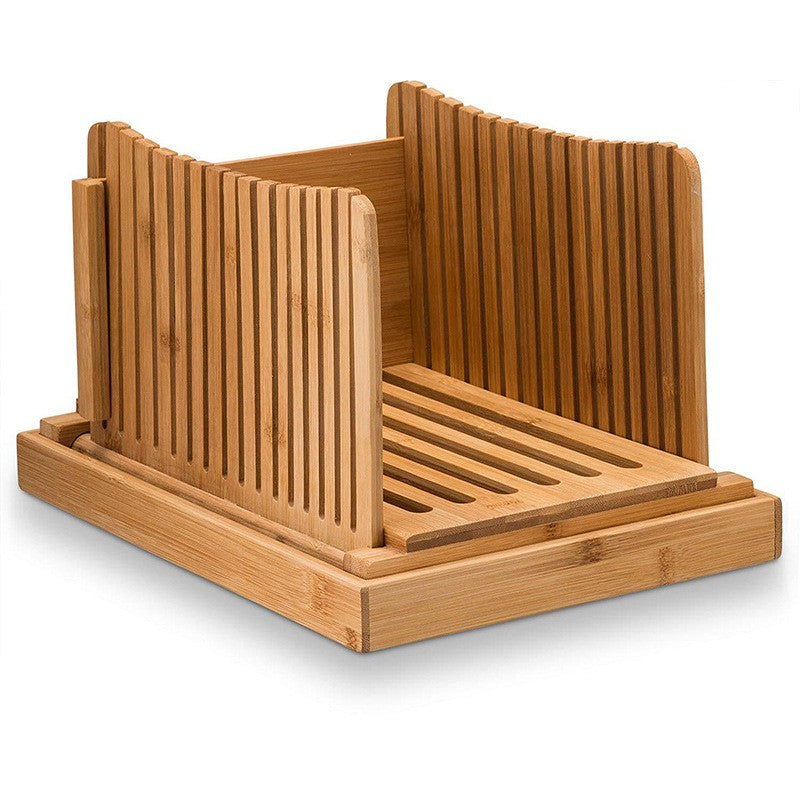 Tocator de Feliat Paine, Suport cu Tava Colectare Firimituri, Lemn de Bambus Natural, 31.7x23.7x6 cm, Maro