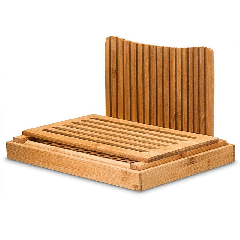 Tocator de Feliat Paine, Suport cu Tava Colectare Firimituri, Lemn de Bambus Natural, 31.7x23.7x6 cm, Maro