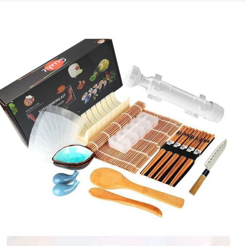 Set Preparare Sushi, Kit Complet 19 Accesorii cu Forme de Modelat, Cutit Profesional, Betisoare, Plastic Abs, Multicolor