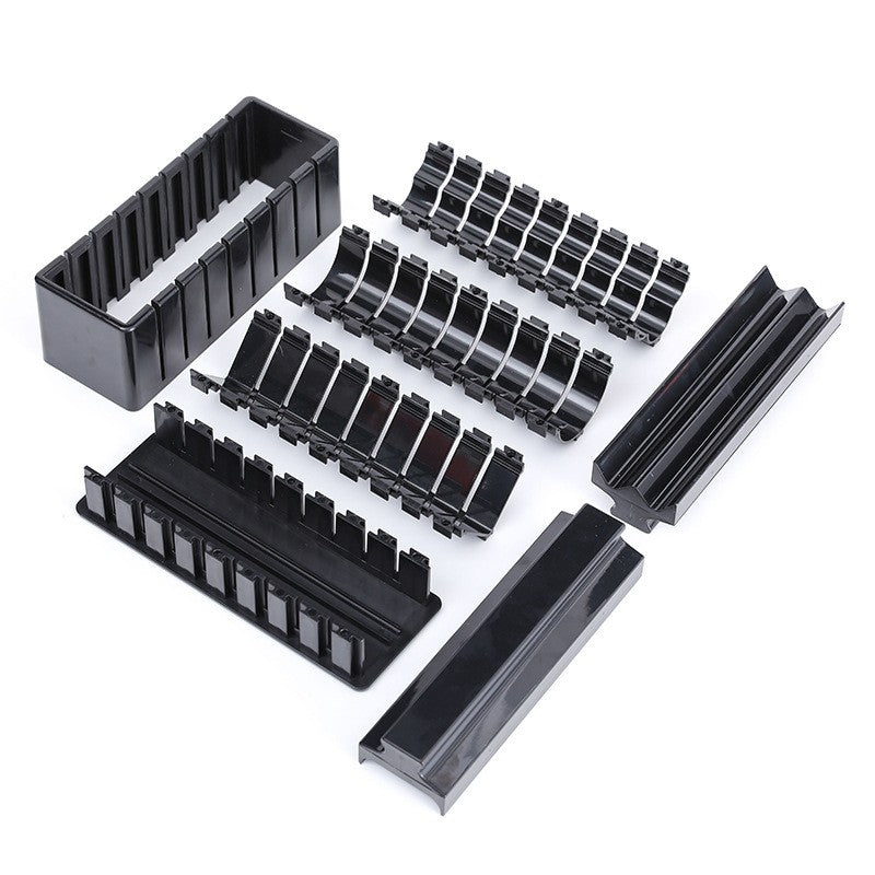 Set Preparare Sushi, Kit Complet 7 Accesorii, 3 Forme de Modelare, Triunghi, Inima si Cerc, Material Plastic Rezistent, Negru