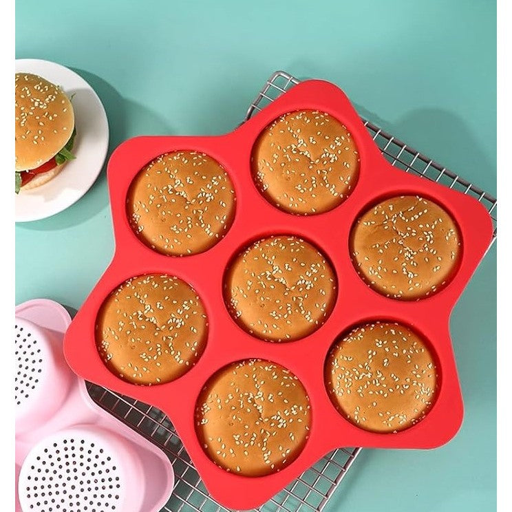 Tava Silicon pentru Copt cu 7 Forme Rotunde, Matrita Antiaderenta pentru Burgeri si Prajituri, Rezistenta la Temperaturi Inalte, Silicon Alimentar, 38.5 x 4 cm, Rosu