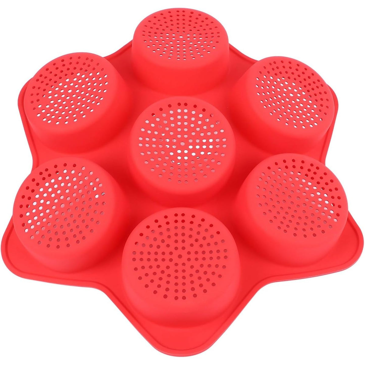 Tava Silicon pentru Copt cu 7 Forme Rotunde, Matrita Antiaderenta pentru Burgeri si Prajituri, Rezistenta la Temperaturi Inalte, Silicon Alimentar, 38.5 x 4 cm, Rosu