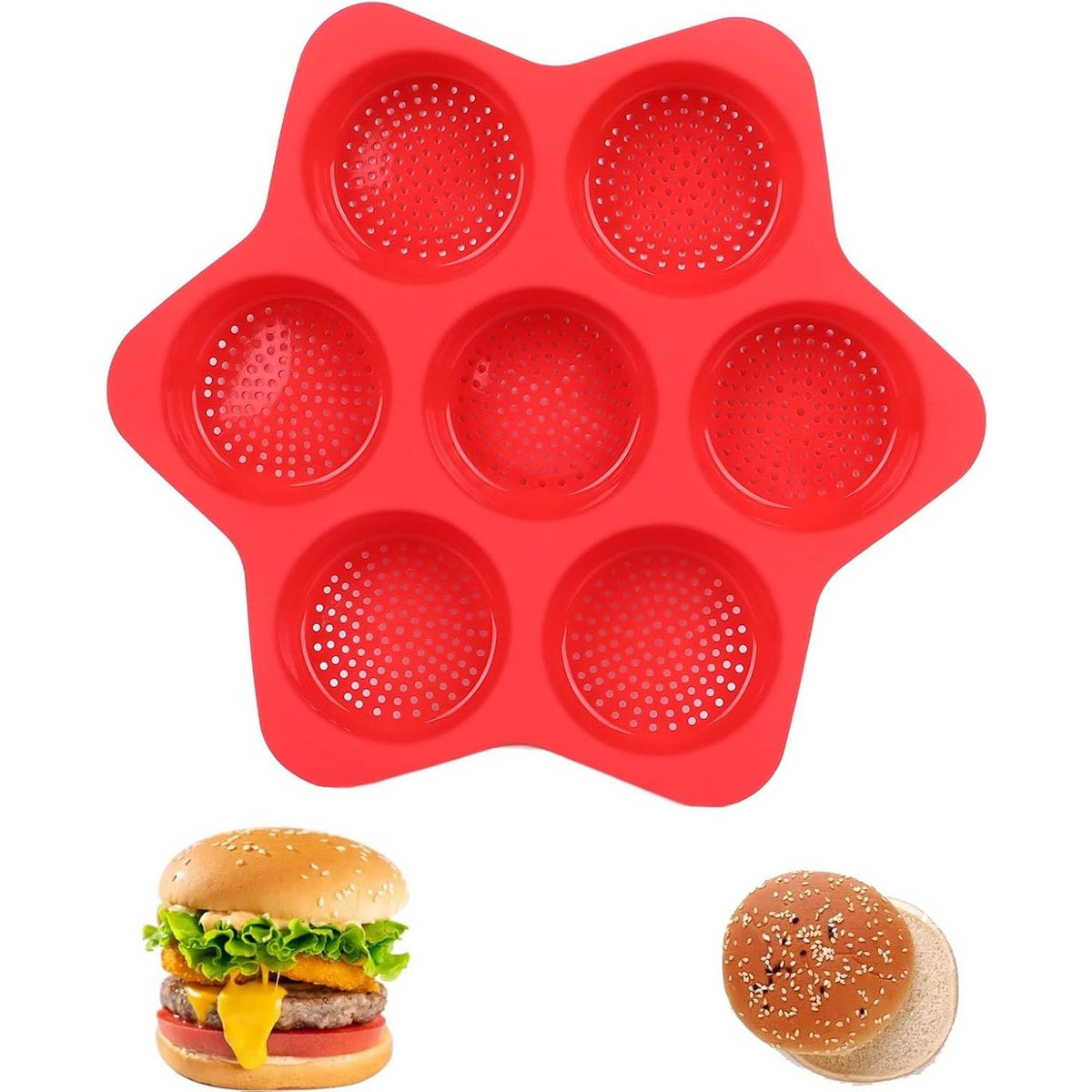 Tava Silicon pentru Copt cu 7 Forme Rotunde, Matrita Antiaderenta pentru Burgeri si Prajituri, Rezistenta la Temperaturi Inalte, Silicon Alimentar, 38.5 x 4 cm, Rosu