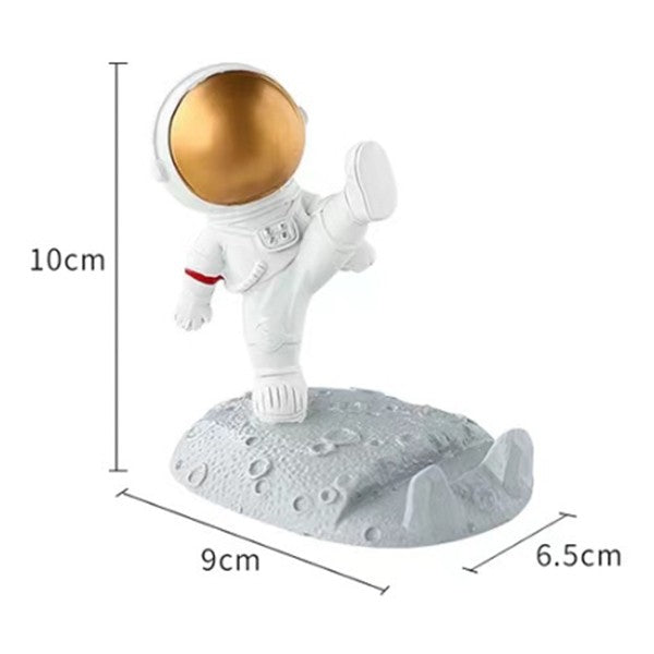 Suport Telefon pentru Birou, Statueta Decorativa Model Astronaut, Suport Mobil pentru Copii, Rasina, 9 x 10 x 6.5 cm, Alb/Auriu