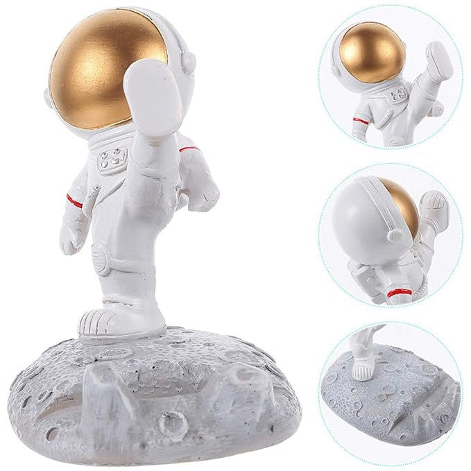 Suport Telefon pentru Birou, Statueta Decorativa Model Astronaut, Suport Mobil pentru Copii, Rasina, 9 x 10 x 6.5 cm, Alb/Auriu