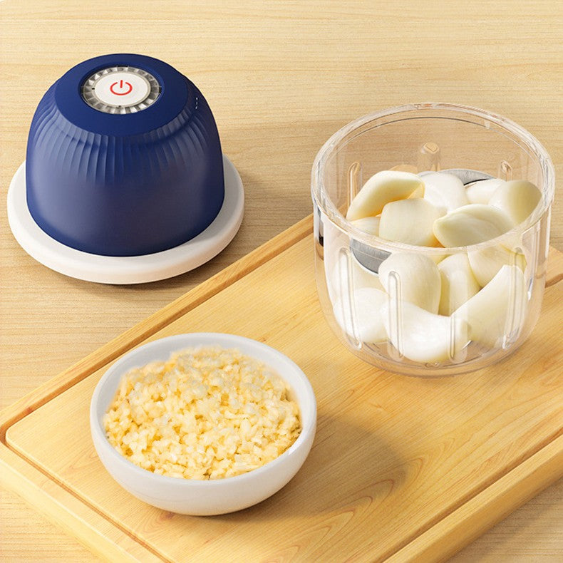 Tocator Electric pentru Bucatarie, Presa Multifunctionala pentru Legume, Fructe si Carne, Lame din Otel Inoxidabil, Capacitate 350 ml, 14 x 10.5 cm, Albastru Inchis