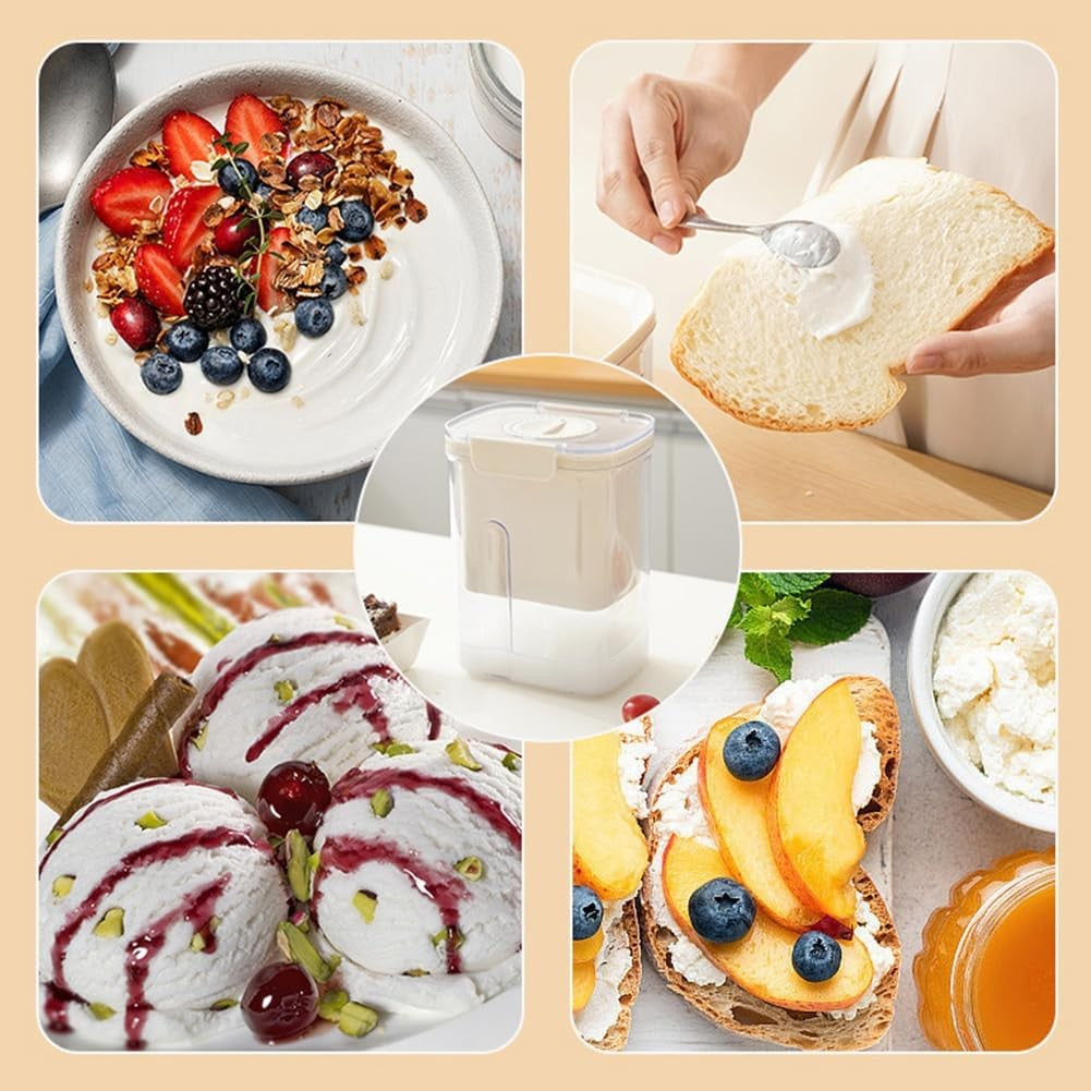 Kit Presă Pentru Brânză și Iaurt Grecesc, Filtru de Zer cu Arc din Oțel Inoxidabil, Pânză Fină 225 Mesh, Plastic Fără BPA, 18x9.7x13 cm, Include Lingură 20 cm, Alb