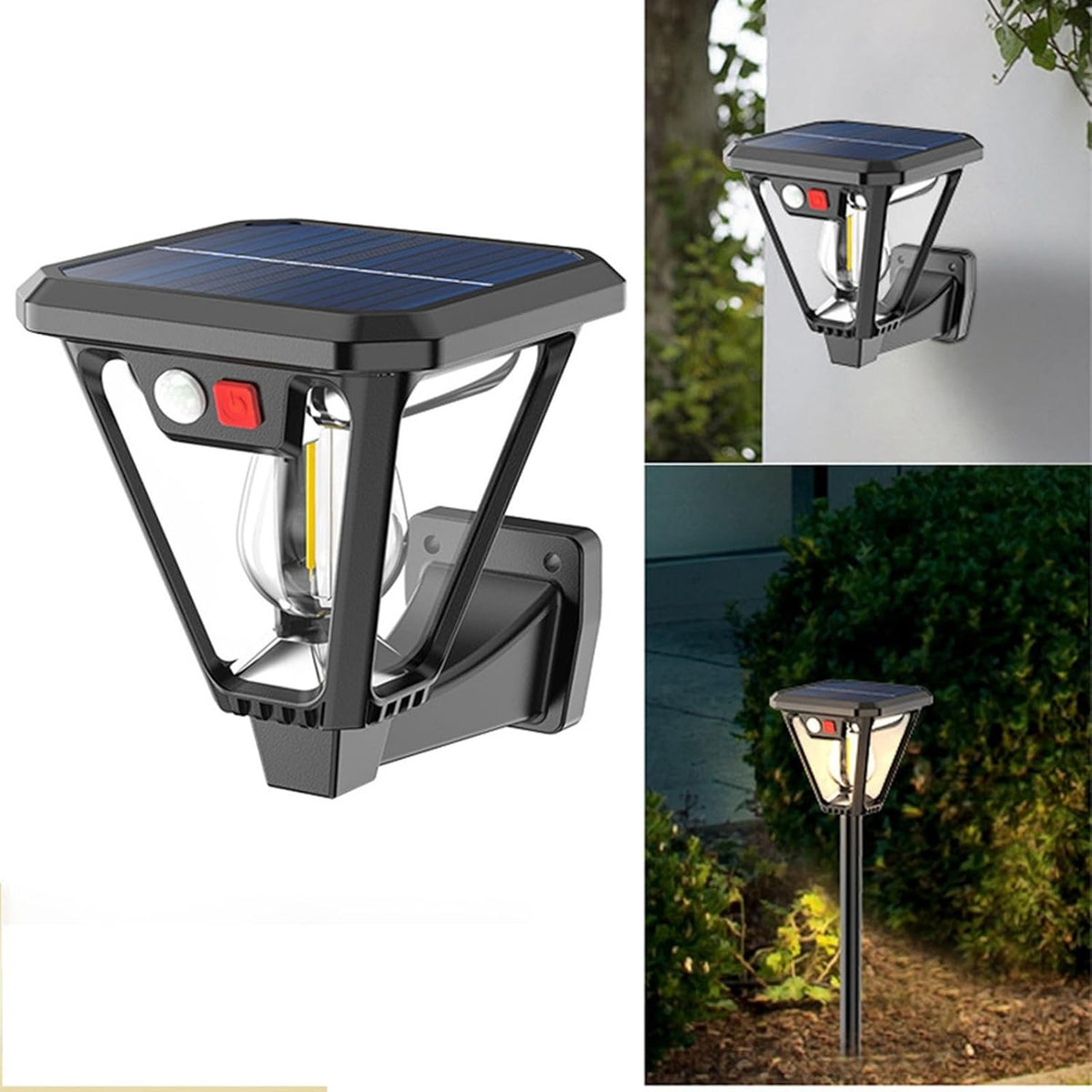 Lampa Solara LED Tip Felinar, Senzor de Miscare, Montare Perete sau Sol, 3 Moduri Iluminare, Lumina Calda 3000K, Protectie IP44, ABS si PP, 10.8 x 46 cm, Negru