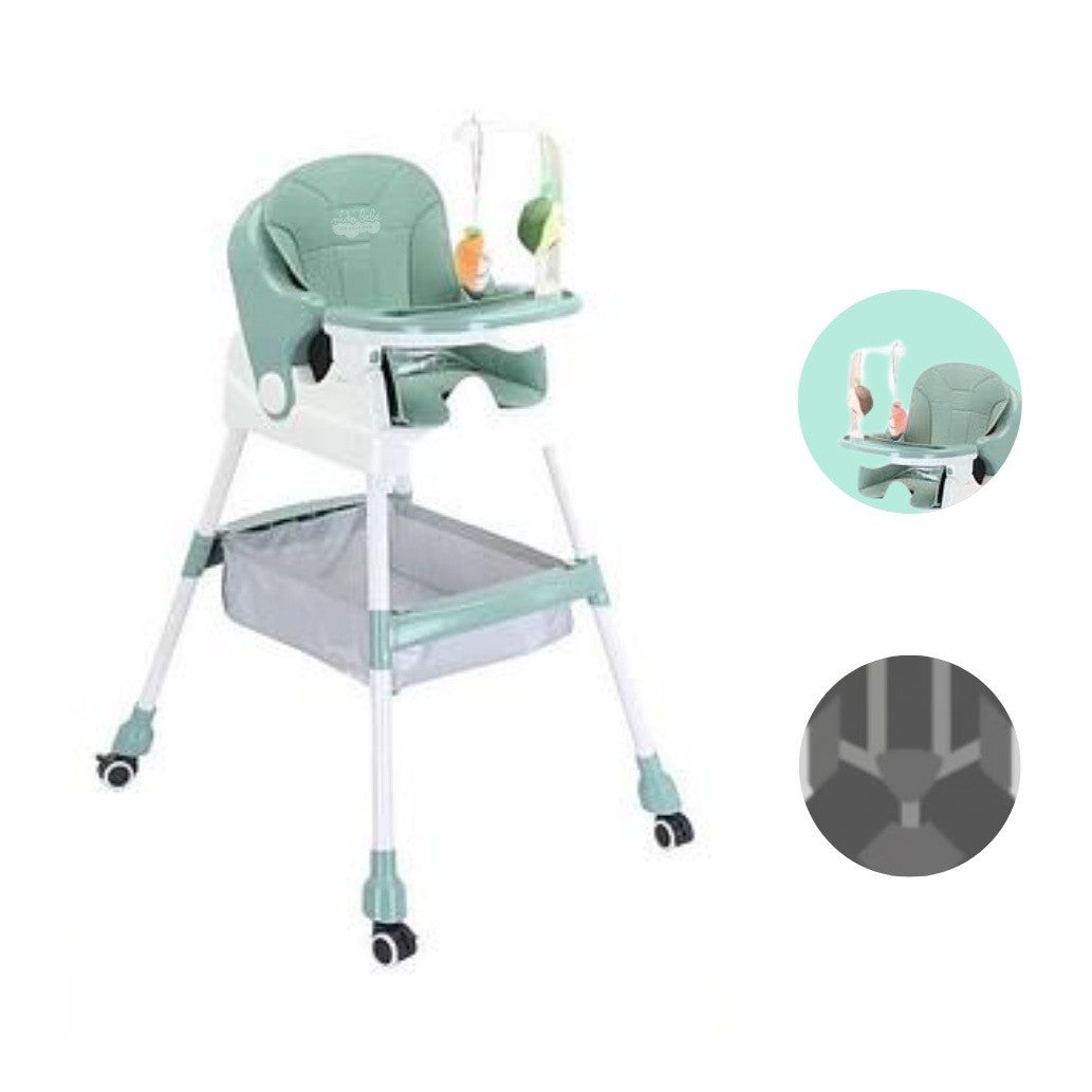 Scaun de Masa pentru Copii, Multifunctional si Pliabil, cu Roti, Centura de Siguranta si Cos Depozitare, Tava Detasabila, Plastic Rezistent, 110 x 60 x 70 cm, Verde