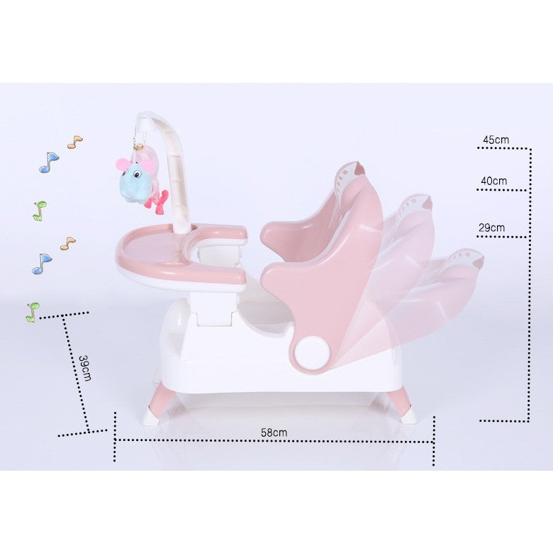 Scaun de Masa si Baie pentru Copii 2 in 1, Multifunctional, Pliabil si Portabil, Spatar Reglabil 3 Pozitii, Centuri de Siguranta, Plastic PP si TPE, 58 x 39 cm, Roz