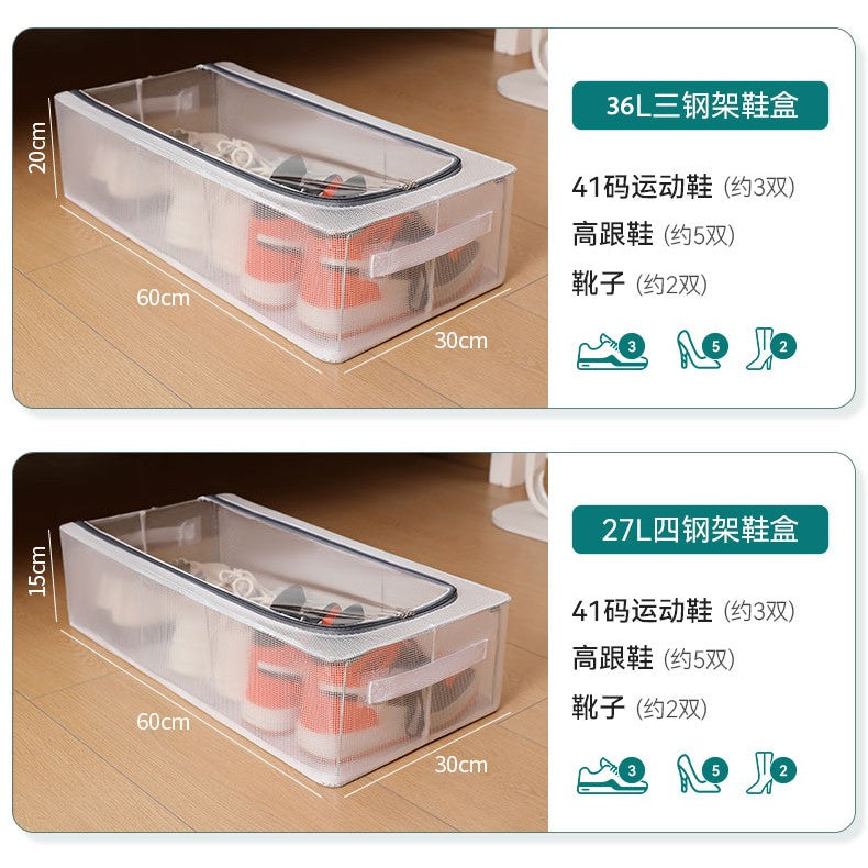 Cutie de Depozitare Pantofi, Organizator Sub Pat Pliabil cu Cadru de Otel, Plasa PVC Impermeabila, Fermoar Bidirectional, Transparenta, 60x30x21 cm