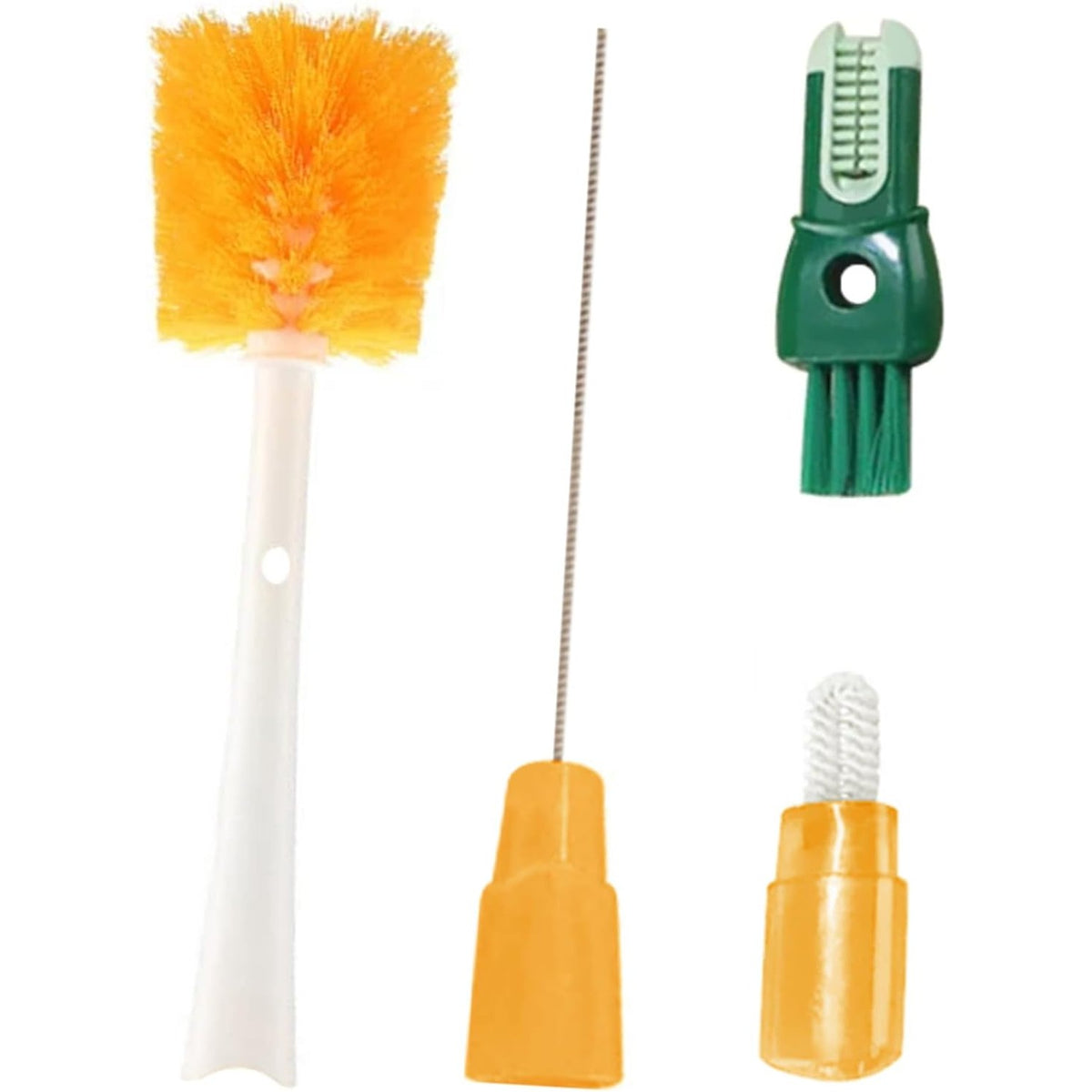 Perie 5 in 1 pentru Curatat Pahare, Cani si Sticle, Maner Lung, Accesorii Spalare Paie si Capace, Plastic si Silicon, 36x7x7 cm, Portocaliu-Alb