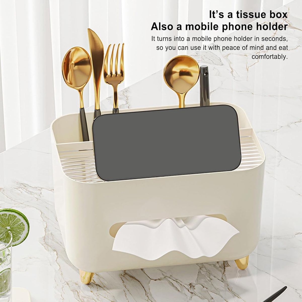Suport pentru Servetele, Cutie Multifunctionala cu Organizator Obiecte Personale, Design Minimalist, Material ABS, 21x15x13 cm, Crem