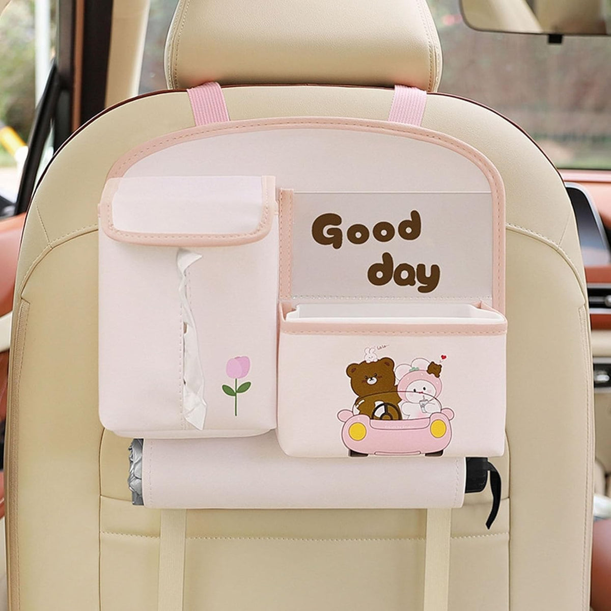 Geantă Multifuncțională de Depozitare pentru Bancheta Mașinii, Organizator Auto cu Suport Servetele și Telefon, Model Ursuleț, Imitație Piele, 25x31 cm, Roz