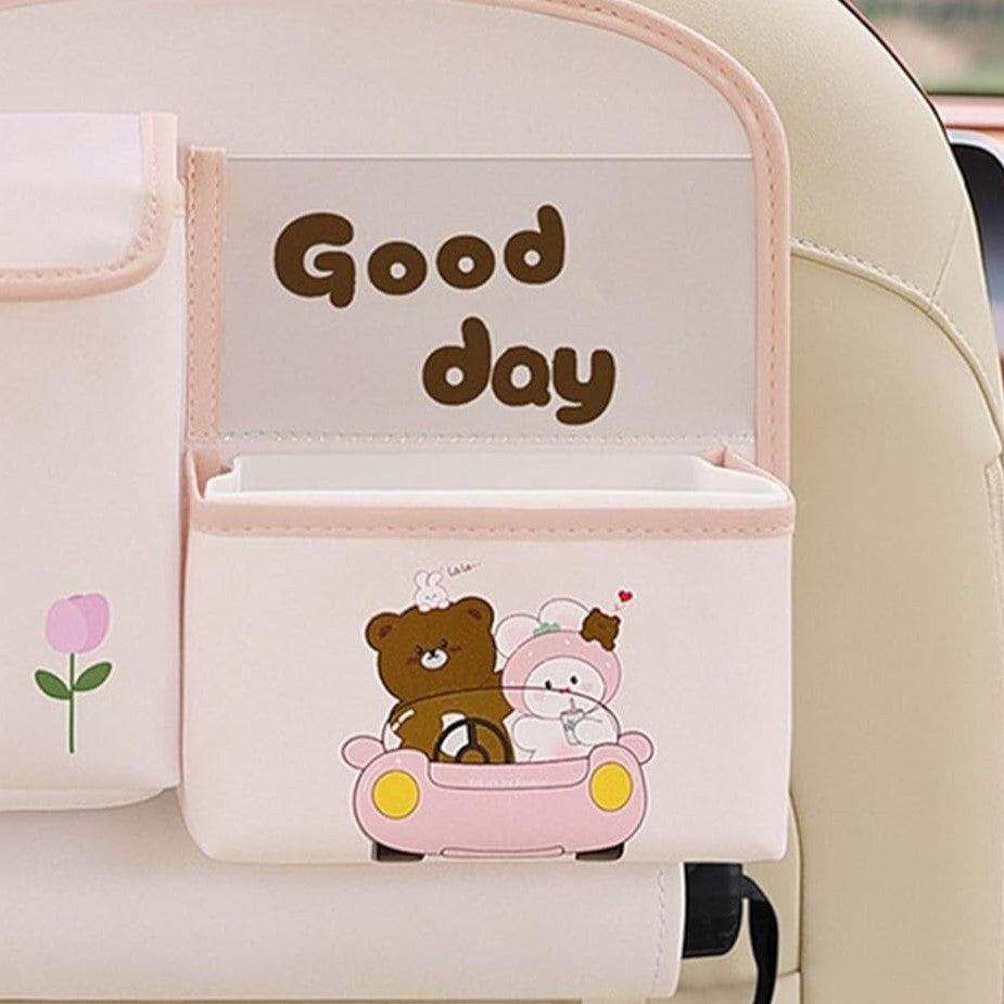 Geantă Multifuncțională de Depozitare pentru Bancheta Mașinii, Organizator Auto cu Suport Servetele și Telefon, Model Ursuleț, Imitație Piele, 25x31 cm, Roz