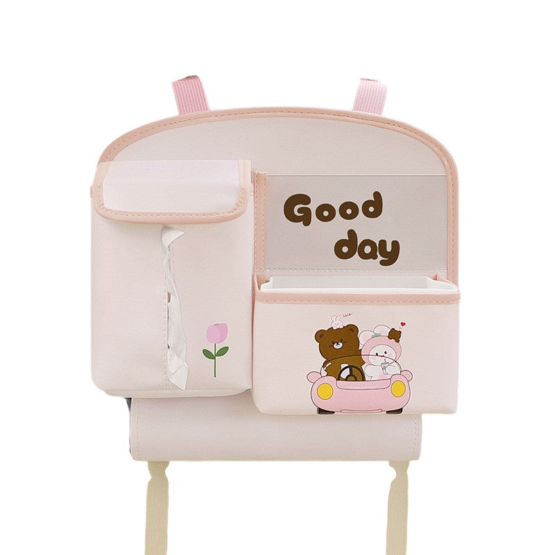 Geantă Multifuncțională de Depozitare pentru Bancheta Mașinii, Organizator Auto cu Suport Servetele și Telefon, Model Ursuleț, Imitație Piele, 25x31 cm, Roz