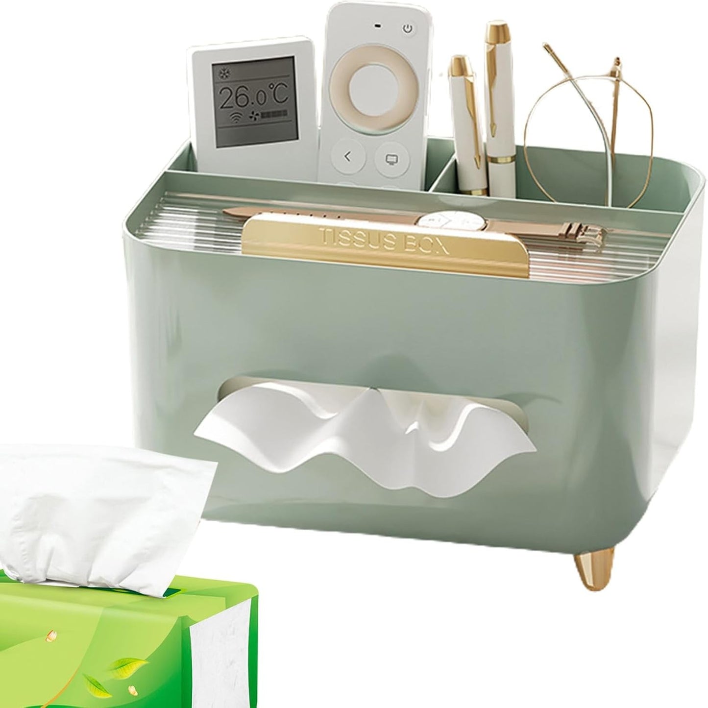 Cutie Servetele cu Organizator Obiecte Personale, Suport Multifunctional pentru Birou, Design Minimalist Modern, Material ABS, 21x15x13 cm, Verde