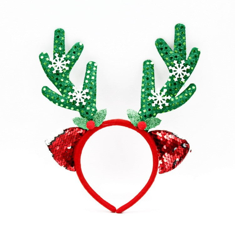 Coronita Craciun, Diadema Decorativa cu Coarne de Reni, Plastic si Tesatura de Matase, Marime Universala, 12 x 25 cm, Verde/Rosu