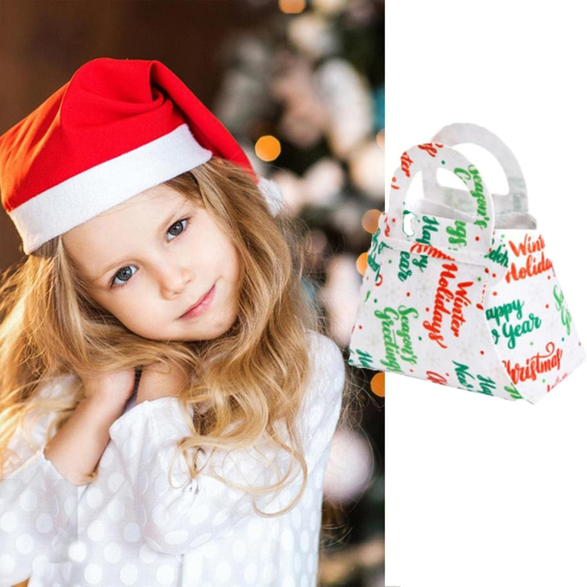 Geanta Cadouri Craciun pentru Copii, Model Pliabil cu Mesaje Festive, Material Panza Netesuta, 13 x 12 x 6 cm, Alb