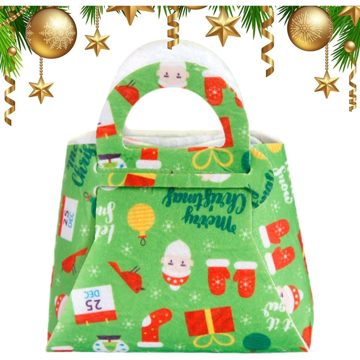 Geanta pentru Copii pentru Cadouri de Craciun, Sacosa Pliabila cu Design Festiv, Panza Netesuta, 13 x 12 x 6 cm, Verde