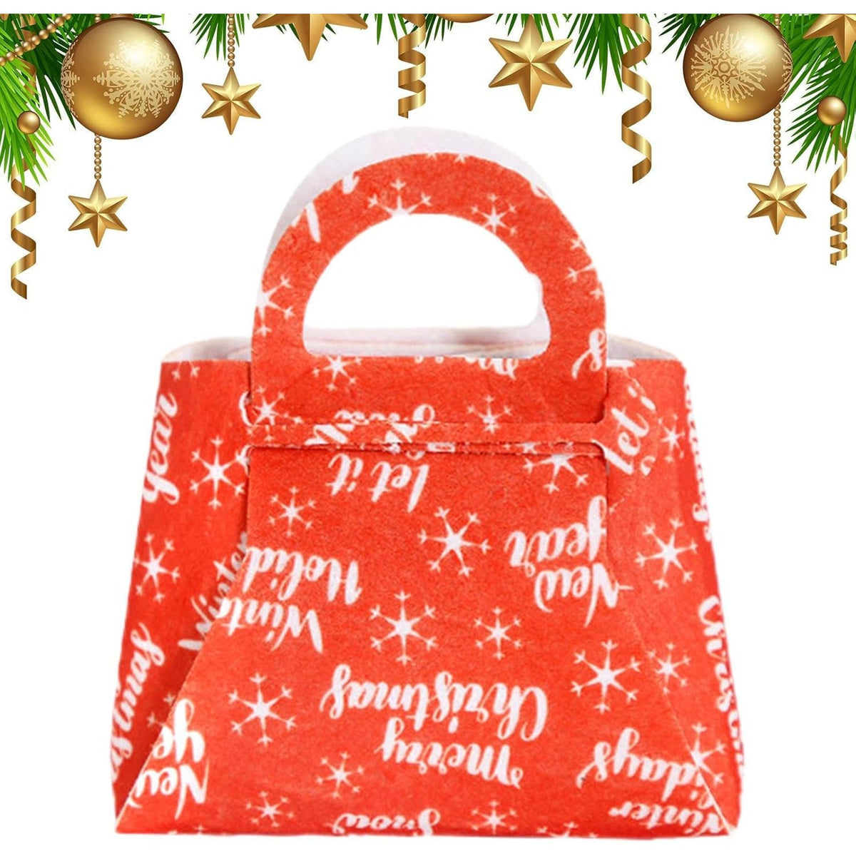 Geanta pentru Cadouri de Craciun, Sacosa Pliabila pentru Copii, Panza Netesuta tip Pasla, Model Merry Christmas, 13 x 12 x 6 cm, Rosu