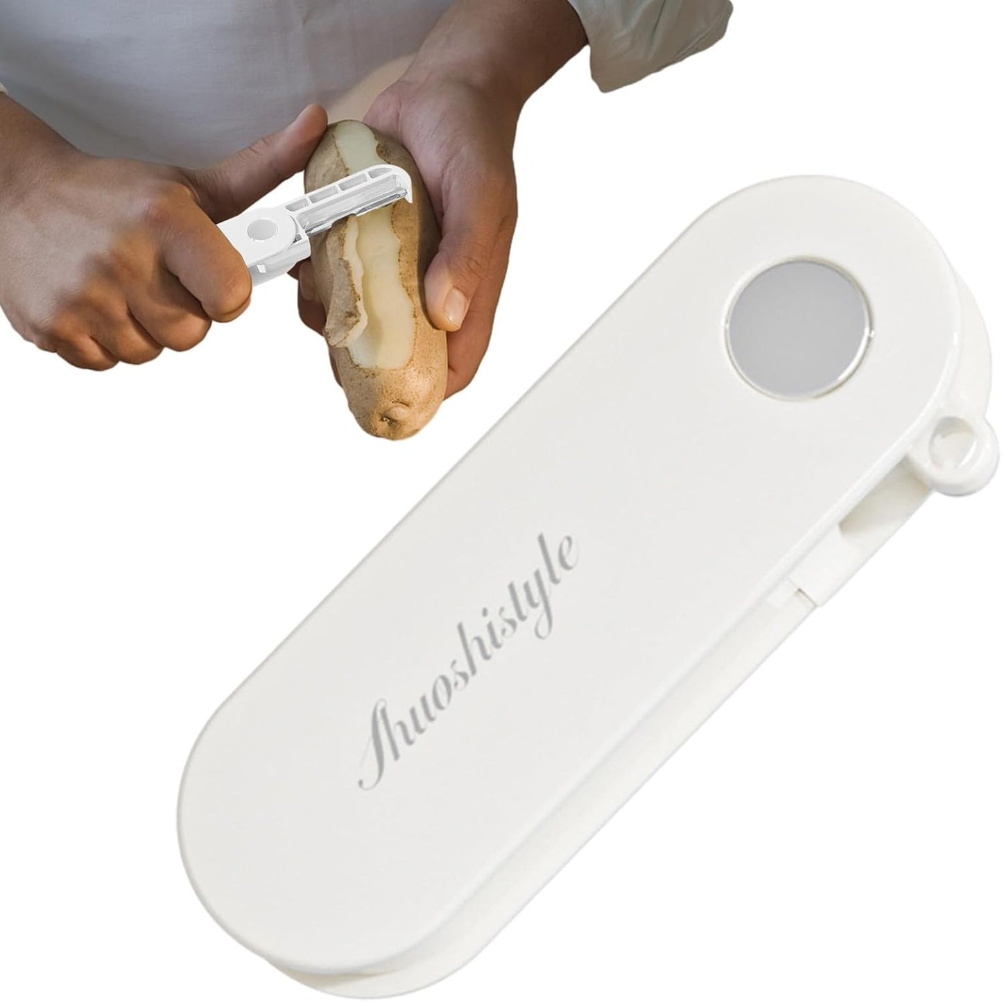 Peeler pentru Legume si Fructe, Curatator Multifunctional Pliabil, Lame Duble Rotative, Otel Inoxidabil si ABS, 3.6 x 9.1 cm, Alb
