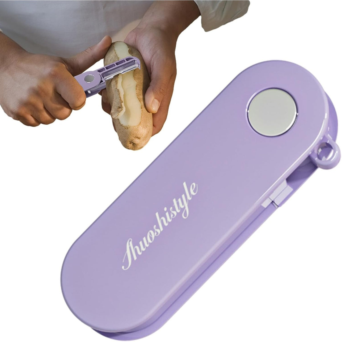 Peeler pentru Legume si Fructe, Curatator Pliabil cu Lame Duble Rotative, Design Multifunctional, ABS si Otel Inoxidabil, 3.6 x 9.1 cm, Mov