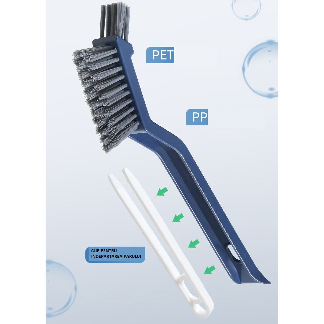 Perie 3 in 1 pentru Curatat Podele si Rosturi, Cap Triunghiular pentru Colturi, Cleste Scame Inclus, Maner Ergonomic 28 cm, Polipropilena si Otel, Albastru