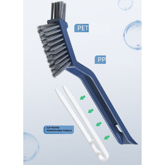 Perie 3 in 1 pentru Curatat Podele si Rosturi, Cap Triunghiular pentru Colturi, Cleste Scame Inclus, Maner Ergonomic 28 cm, Polipropilena si Otel, Albastru