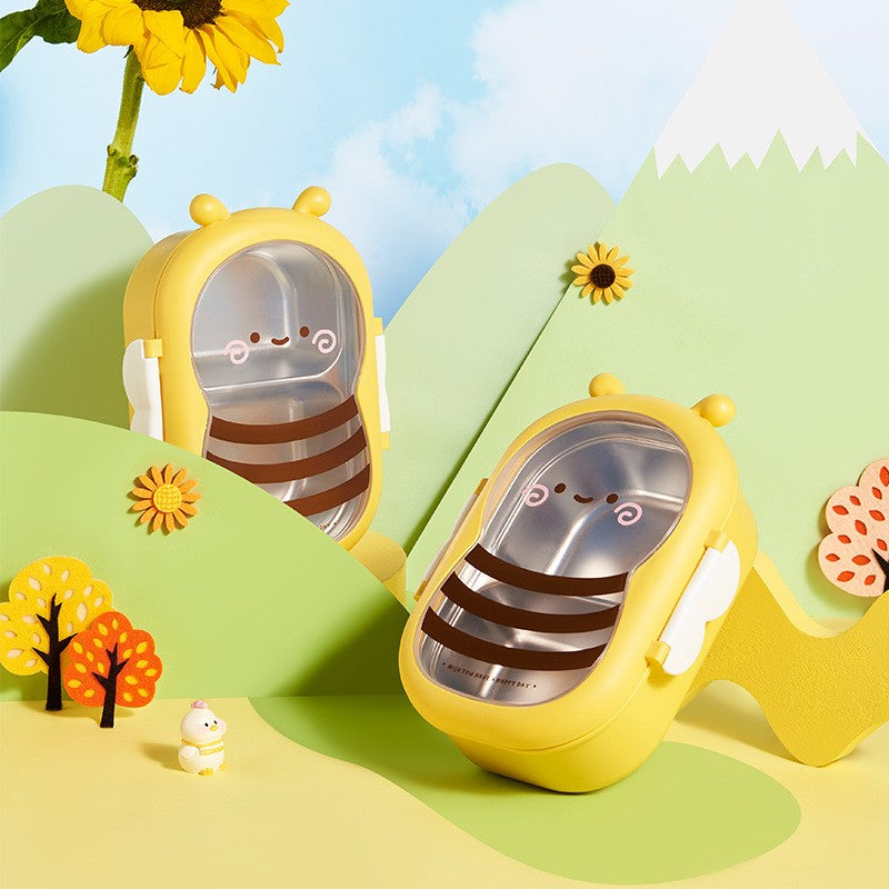 Cutie pentru Pranz Model Albina, Caserola Alimentara cu 2 Compartimente, Invelis Interior din Otel Inoxidabil si PP, Inchidere Etansa cu Manere, 500 ml, Galben