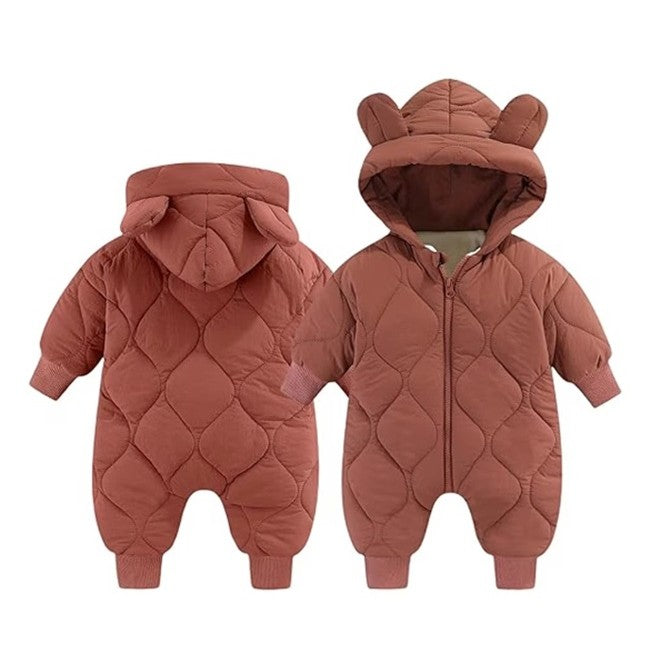 Combinezon Iarna Bebelusi, Captuseala Bumbac Imblanit si Gluga cu Urechi, Exterior Nailon Impermeabil, Mansete Elastice, Unisex, 66 cm, Visiniu