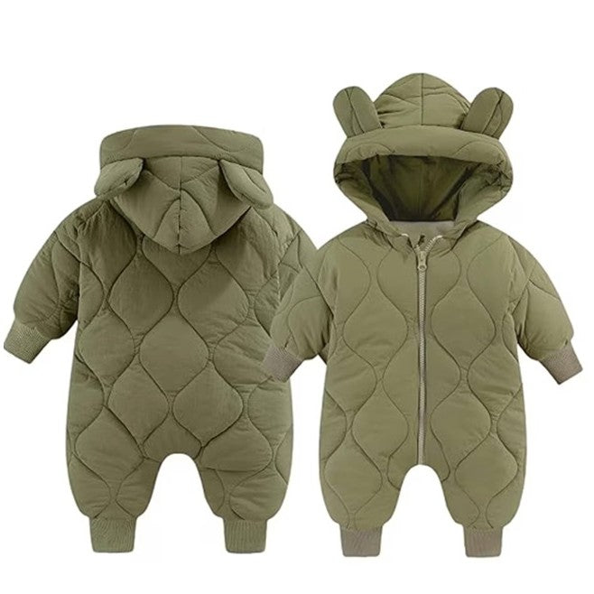 Combinezon de Iarna pentru Bebelusi, Gluga cu Urechi si Mansete Elastice, Exterior Nailon cu Umplutura Bumbac, Unisex, 66 cm, Verde