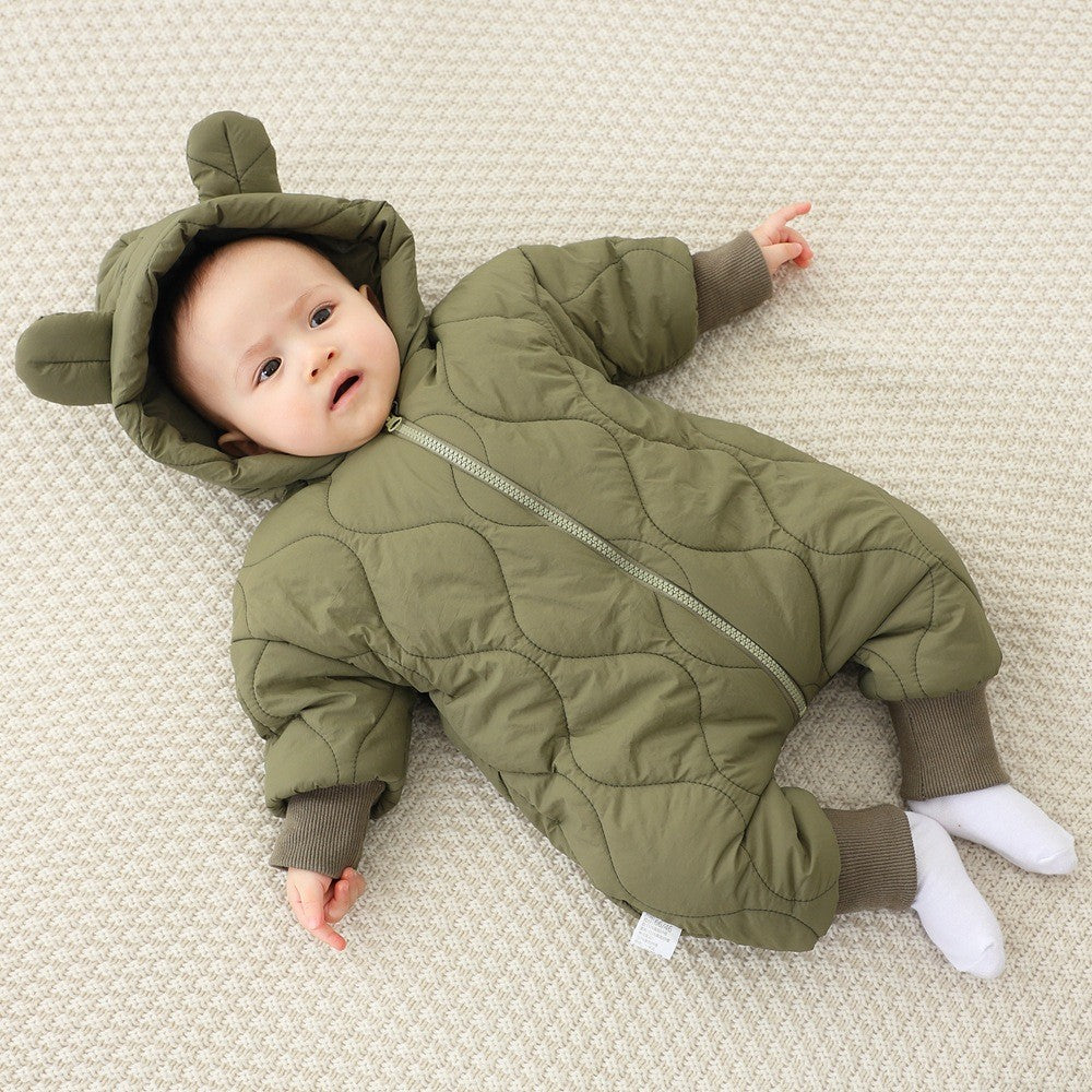 Combinezon de Iarna pentru Bebelusi, Gluga cu Urechi si Mansete Elastice, Exterior Nailon cu Umplutura Bumbac, Unisex, 66 cm, Verde