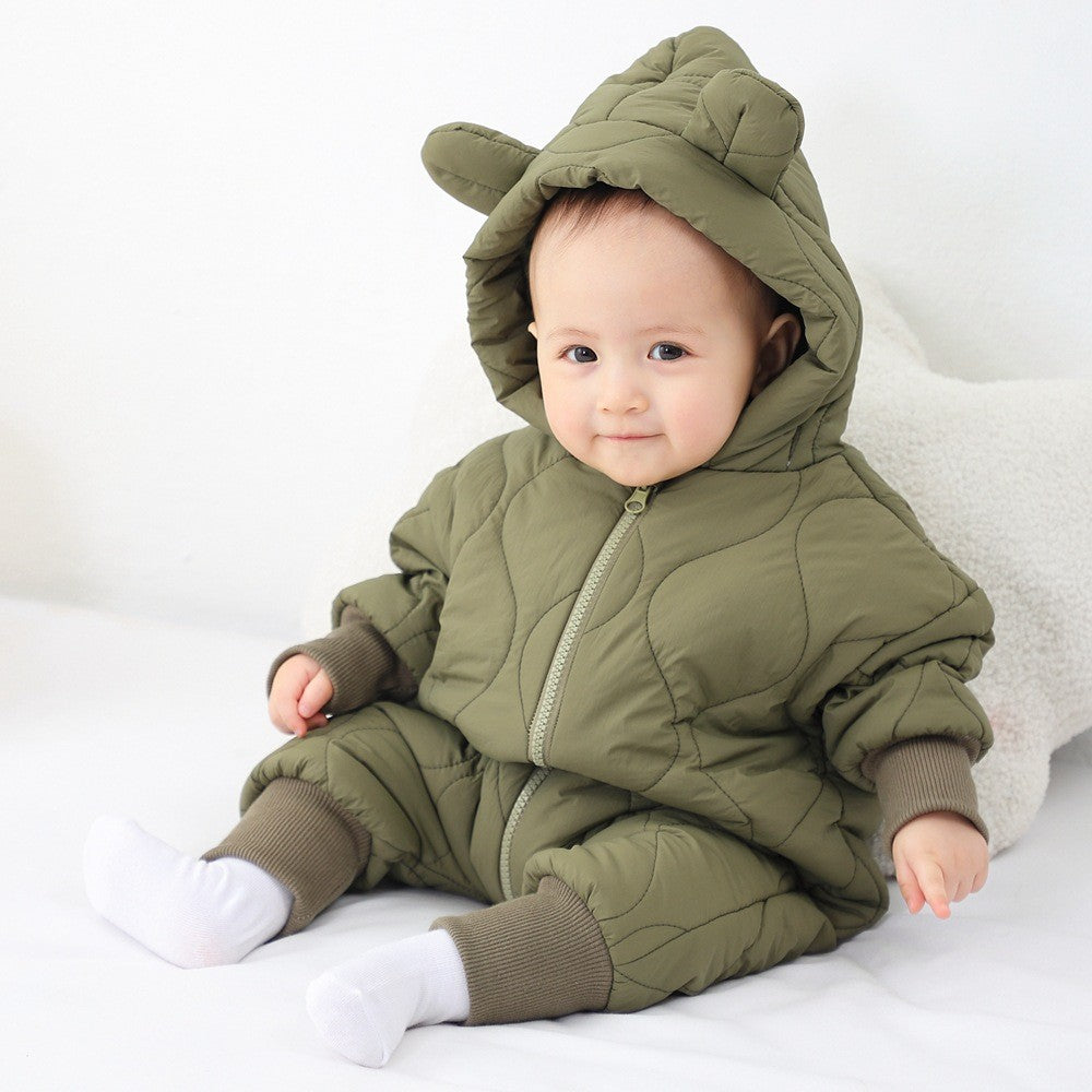 Combinezon de Iarna pentru Bebelusi, Gluga cu Urechi si Mansete Elastice, Exterior Nailon cu Umplutura Bumbac, Unisex, 66 cm, Verde