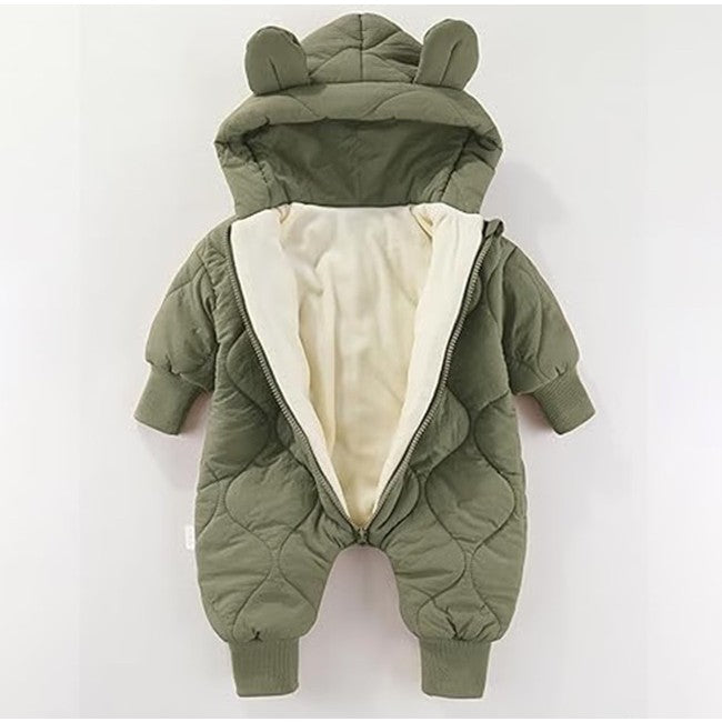 Combinezon De Iarna Pentru Bebelusi Si Nou-Nascuti, Captuseala Din Bumbac Imblanit Si Exterior Din Nailon, Gluga Cu Urechi, Inchidere Cu Fermoar, Unisex, 73 cm, Verde