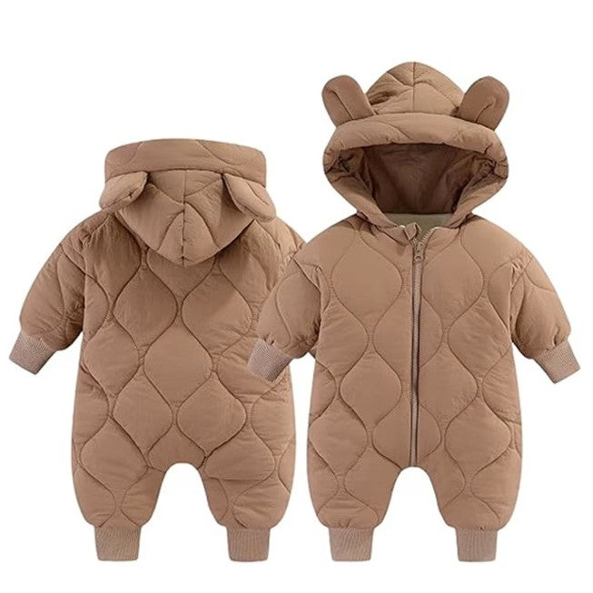 Combinezon de Iarna pentru Bebeluși, Captuseala Bumbac si Exterior Nailon, Gluga cu Urechi si Mansete Elastice, Unisex, 66 cm, Maro