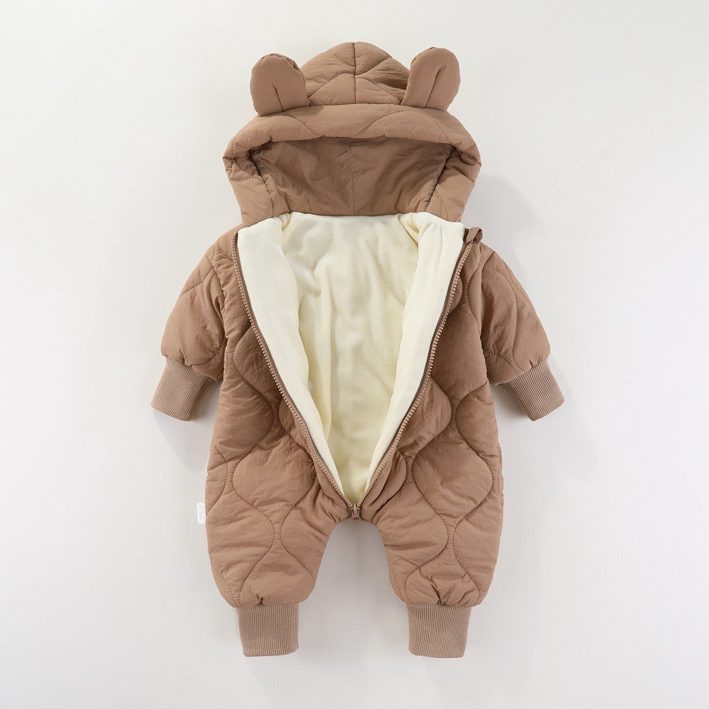 Combinezon de Iarna pentru Bebeluși, Captuseala Bumbac si Exterior Nailon, Gluga cu Urechi si Mansete Elastice, Unisex, 66 cm, Maro